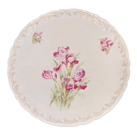 Antique Weimar Floral Porcelain Plate Germany Pink Irises Gold Scalloped 12 Inc - Picture 1 of 9